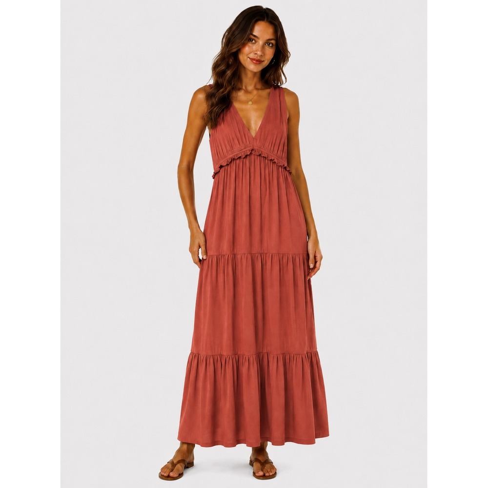 Rachel Zoe Rust Tiered V-Neck Sleeveless Maxi Dress S Prairie Festival‎ Cottage
